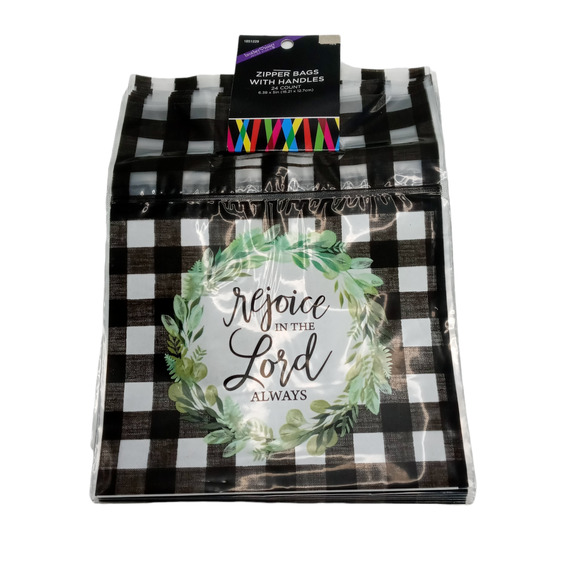 Inspirational Christmas Gift Bags Rejoice in the Lord Black White Check Set 24 - Picture 3 of 9